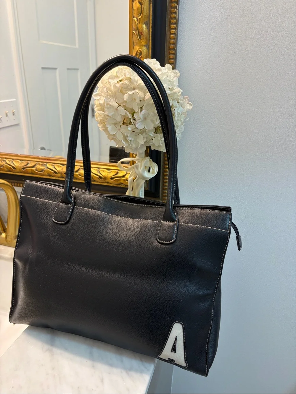NWOT Liz Claiborne Black Leather Tote with White 'A' Accent